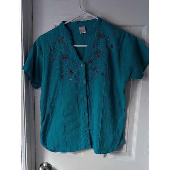 Artesanias Tops - 100% Cotton Embroidered V-Neck Button-Front Women's Shirt - Teal Size M